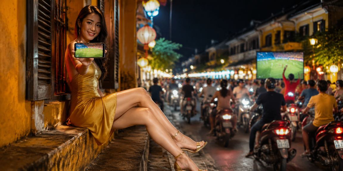 Người dùng theo dõi thể thao và cá cược với đèn neon tại Hội An